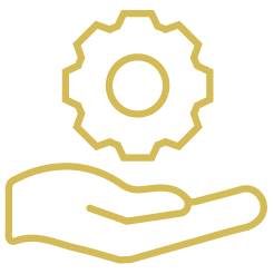 Gold outline icon of hand with gear indicating our amazing facilitators at ACHIEVE Centre for Leadership.
